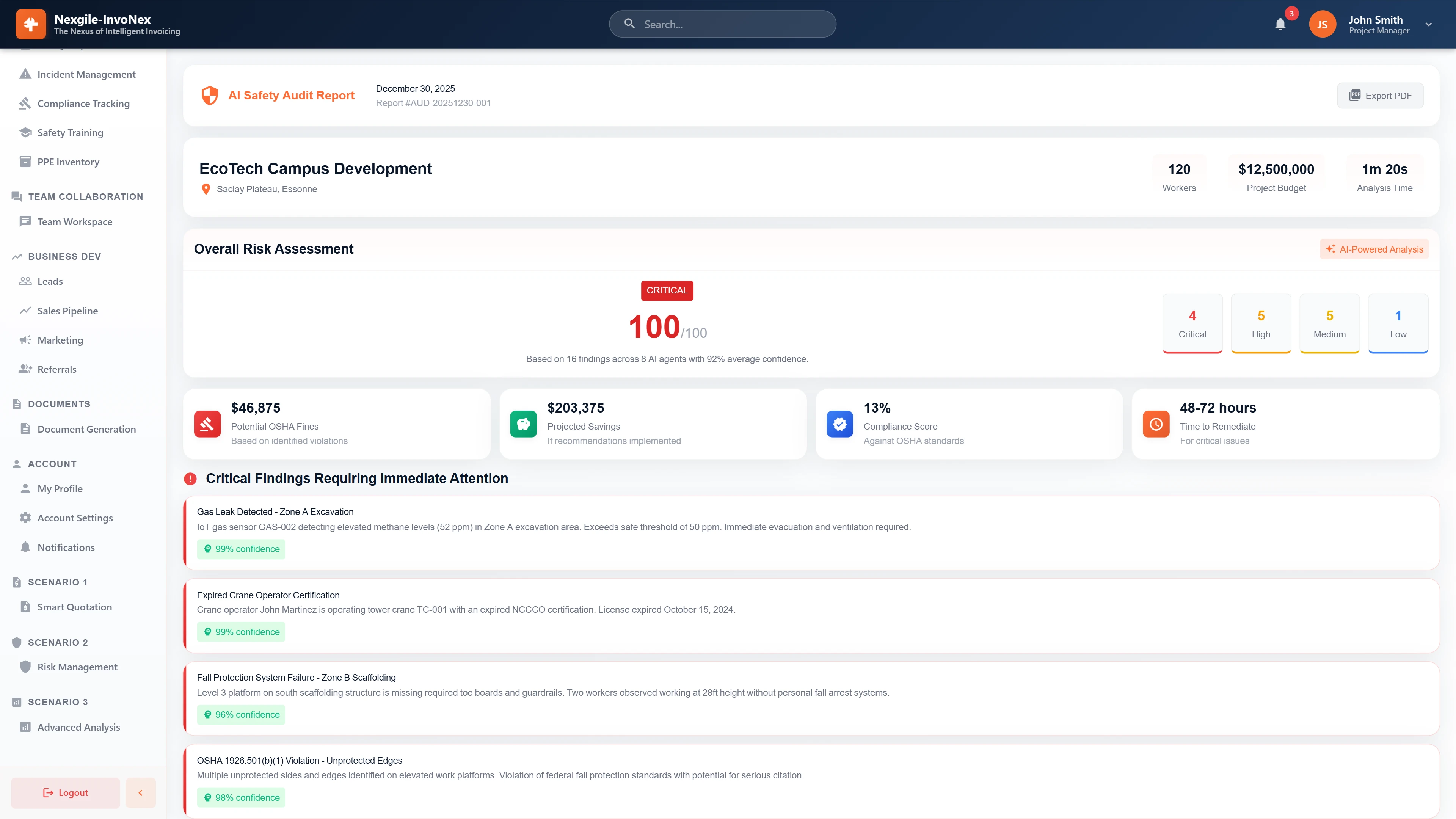 AI Safety Audit Report - Executive summary with risk score (100/100 critical), potential OSHA fines, projected savings, compliance score, and critical findings requiring immediate action.